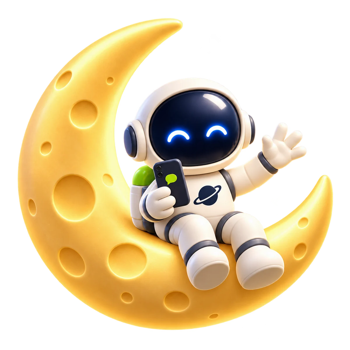 Nosso astronauta na lua, com o celular na mão, pronto para conversar.